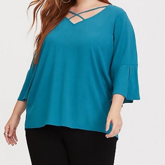 torrid Tops - Torrid Aqua Strappy Bell Crepe Blouse